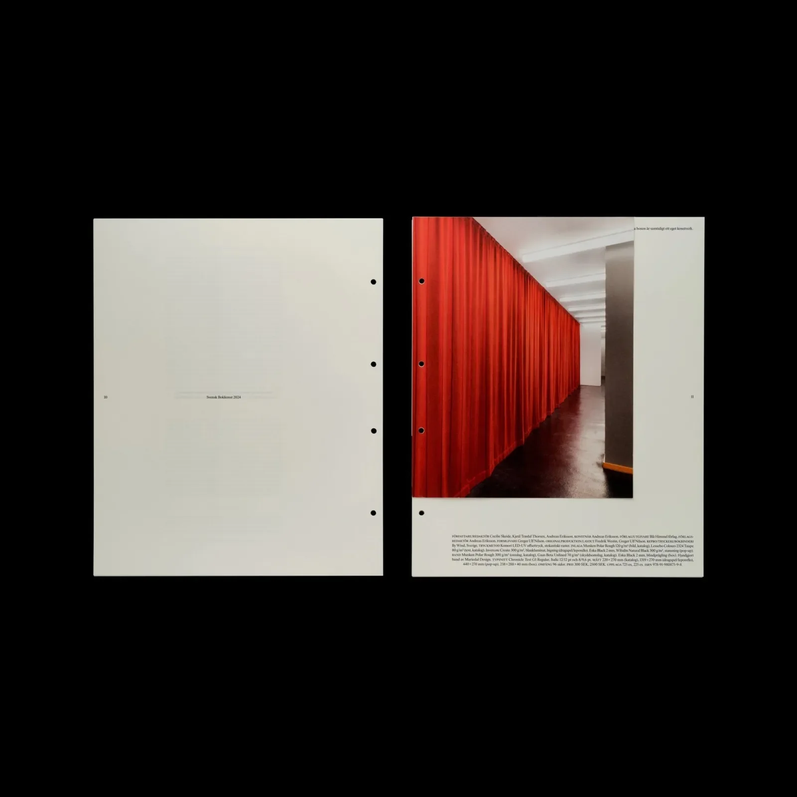 Multiple copies of Svensk Bokkonst catalogue showcasing prong-fastener binding and variable covers in editorial design