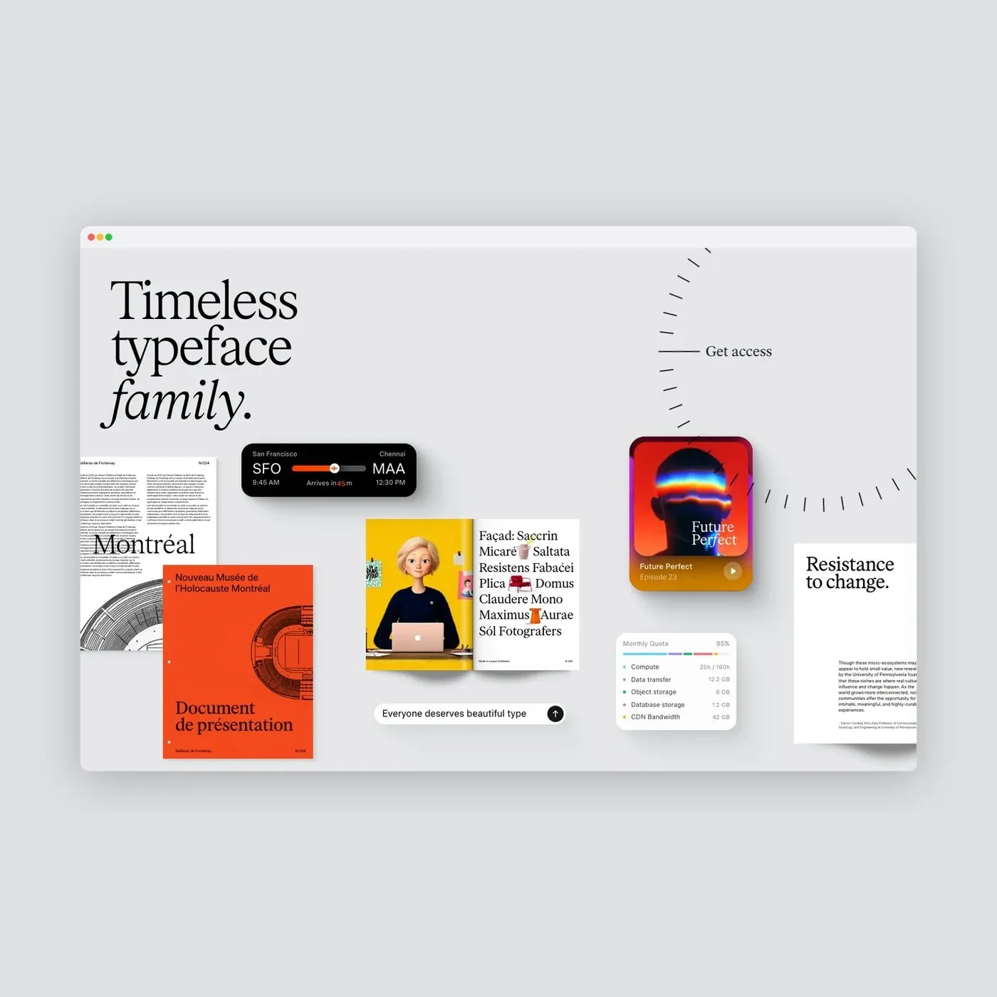Timeless Type web design interactive circular dial and digital interface card widgets