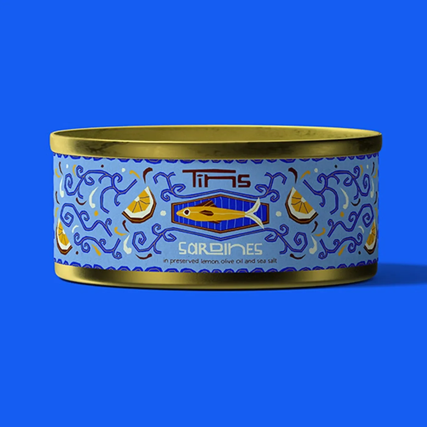 Sardine tin can packaging design on royal blue with fresh lemons by Deoné Rabé