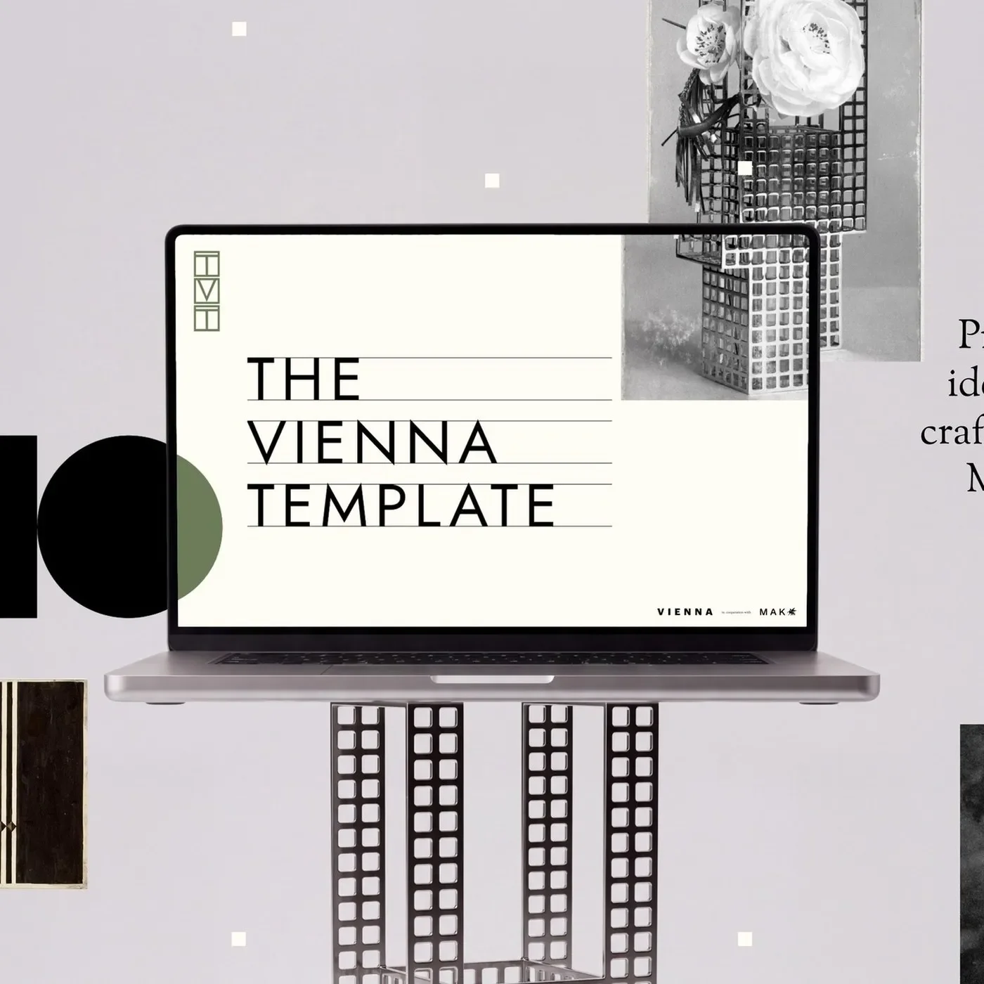 Master presentation slide showing The Vienna Template on laptop display resting on modernist metallic grid pedestal