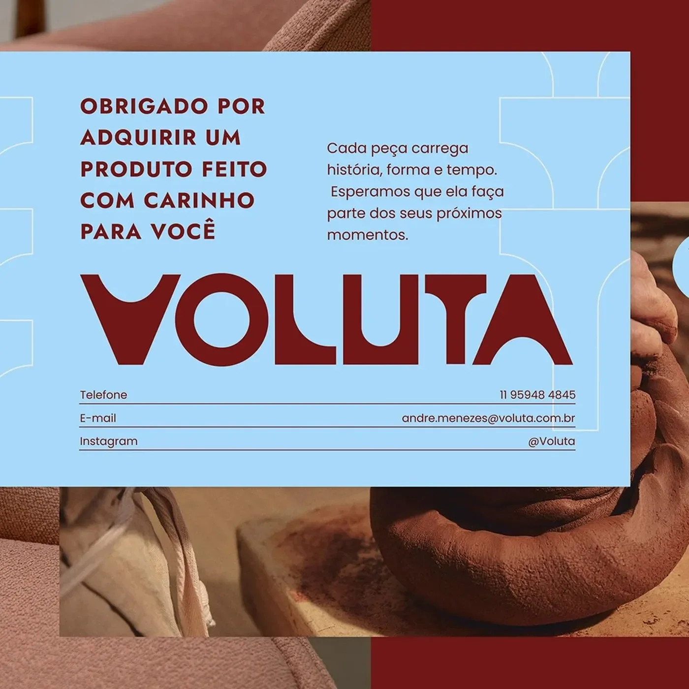 Voluta brand identity master system stationery card with red logotype, cobogó pattern, restored armchair, and handmade ceramics