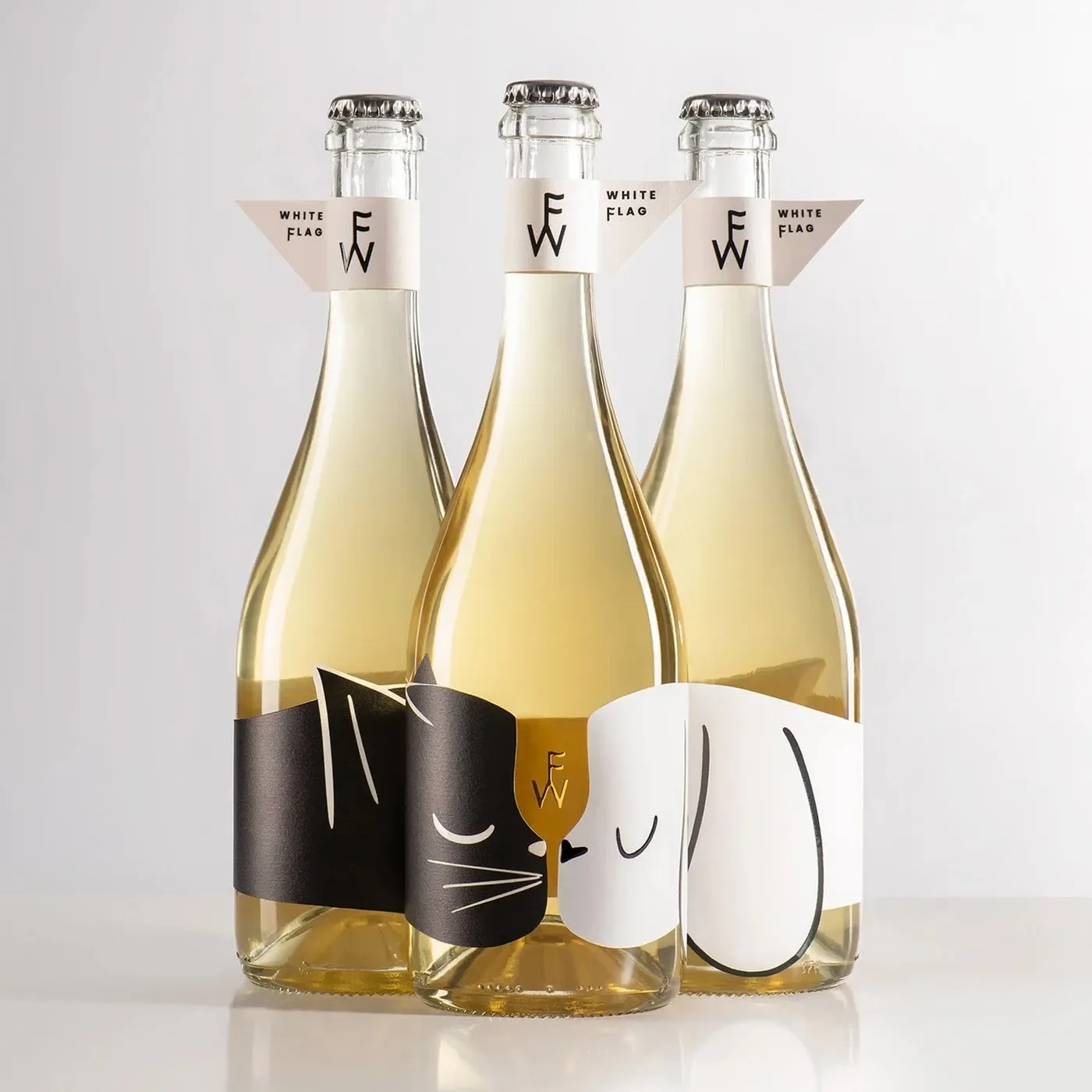White Flag wine bottle and cat detail in packaging design by Backbone Branding