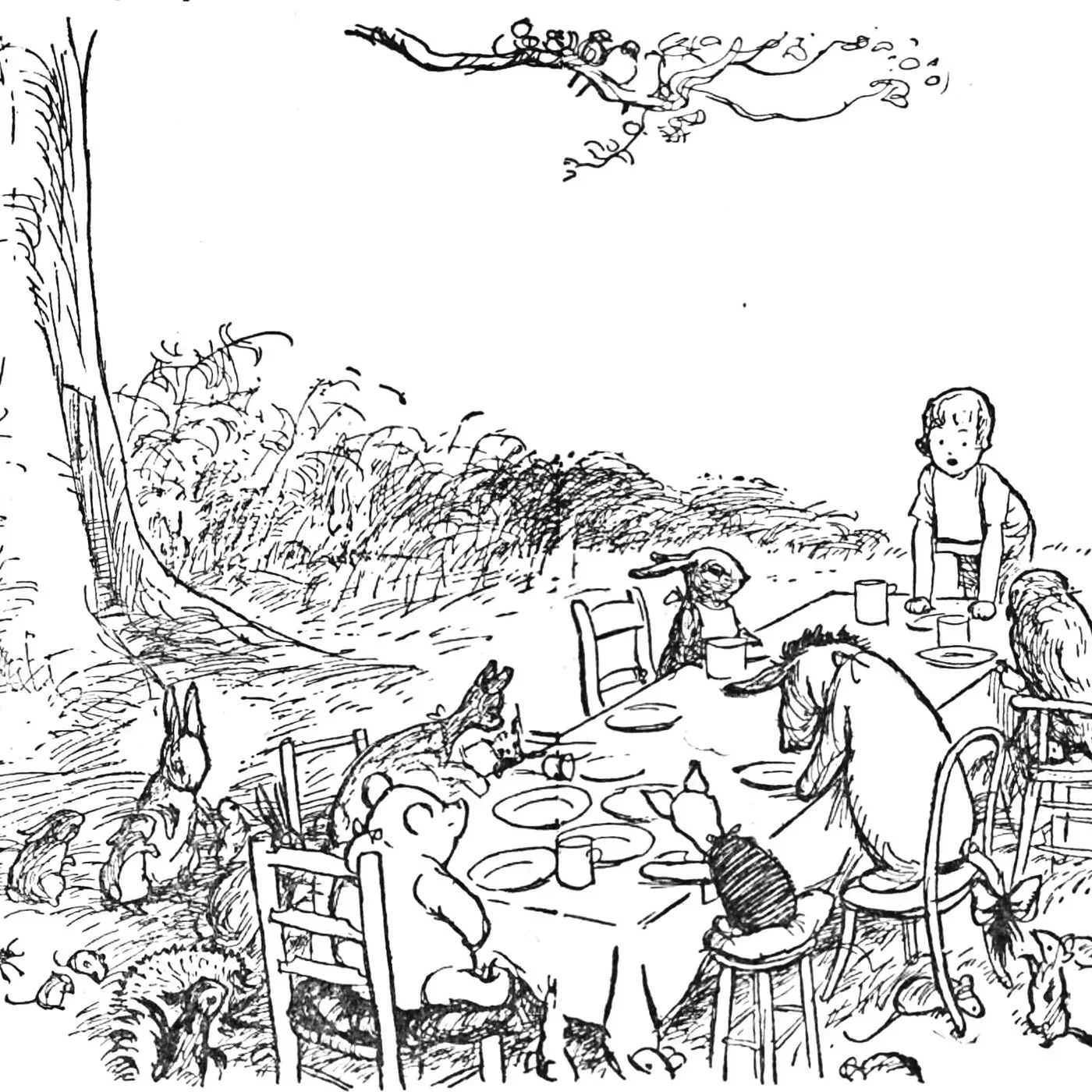 A Pooh Party banquet scene pen-and-ink storybook illustration by E.H. Shepard