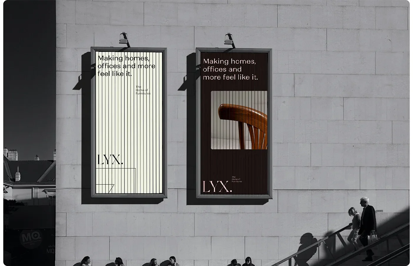 LYX branding architectural billboard posters on stone facade