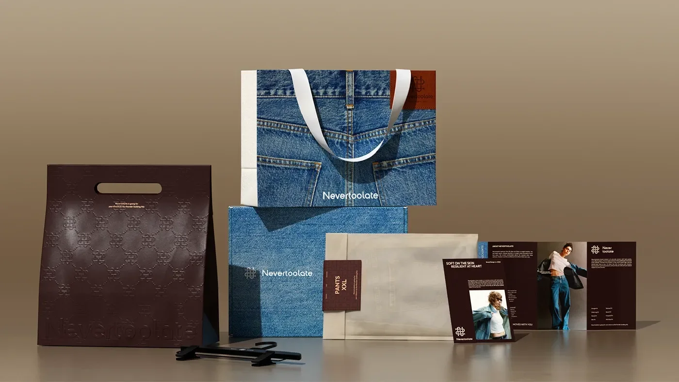 NevertoolateApparel hero packaging mockup branding