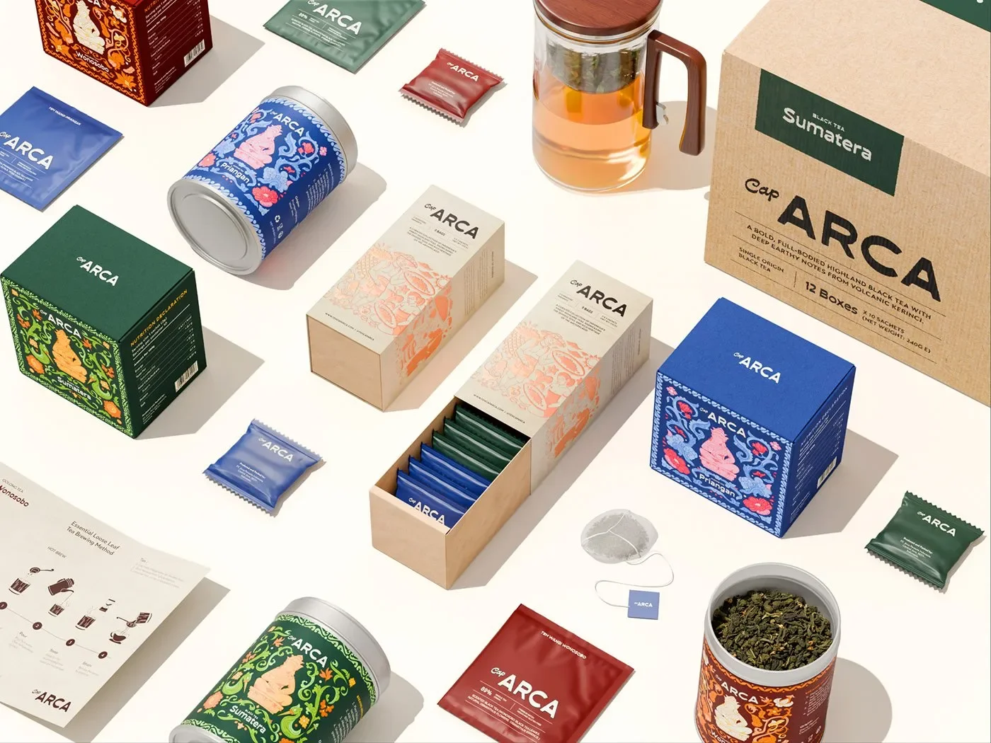 Teh Cap Arca tea branding identity packaging boxes and tin containers flat lay