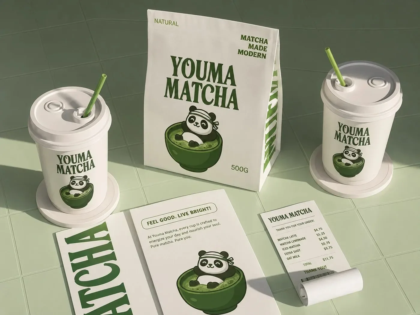 Youma Matcha branding and packaging flat-lay suite by Jaweriya Hashmat