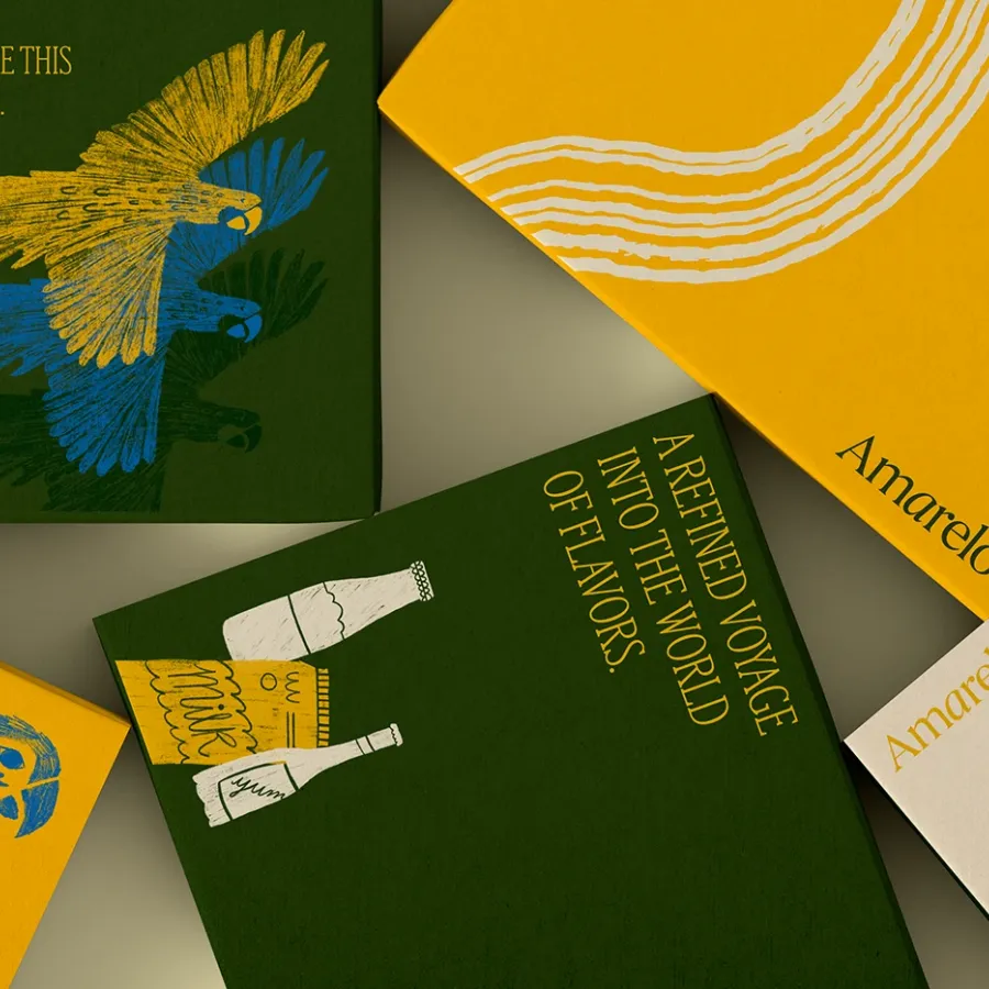 Amarelo Beverages branding packaging boxes and stationery by Beatriz Teotônio