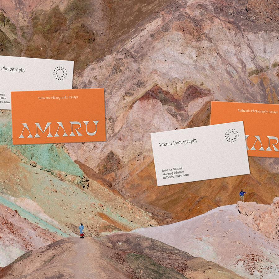 Amaru photography brand identity stationery on mountain landscape