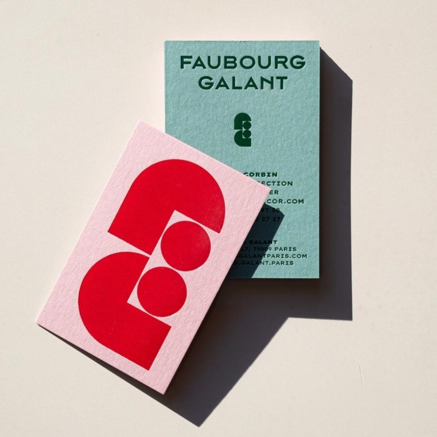 Faubourg Galant branding pastel green and pink letterpress business cards