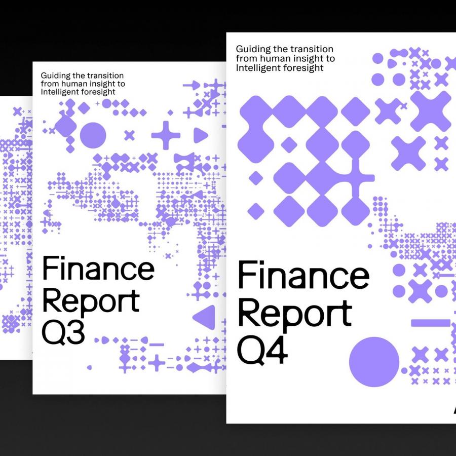 ADC living brand identity: finance report covers with violet generative patterns