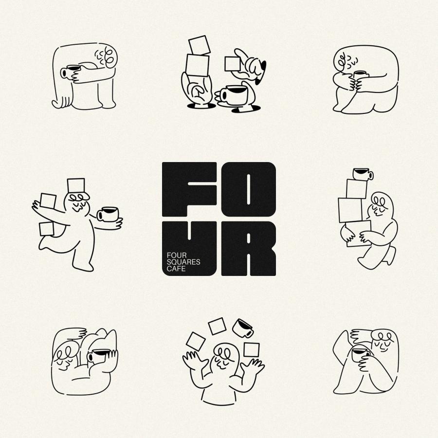 Four Squares Cafe brand identity system sheet: chunky four-square wordmark and blob mascot illustrations by Studio Moara