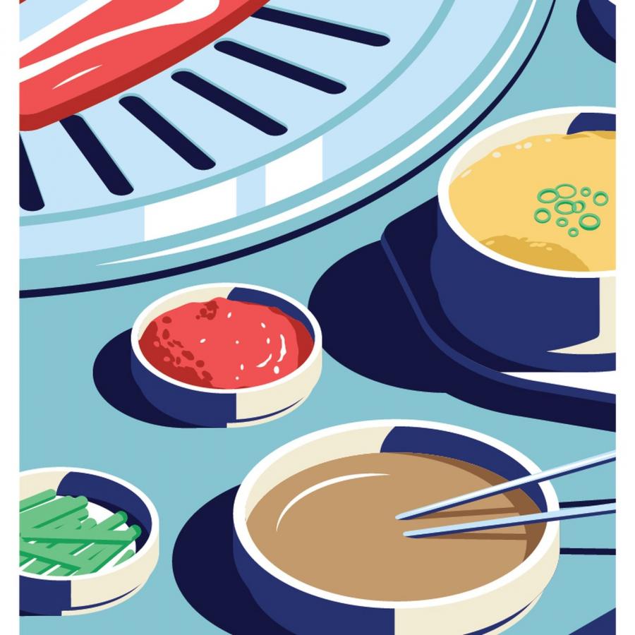 Korean BBQ scene in vector illustration poster series seoul nightlife