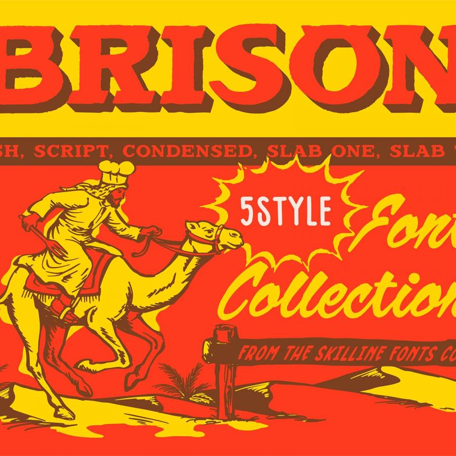 SFC Brison bold condensed display type on dark background showing western serif letterforms — retro western typeface