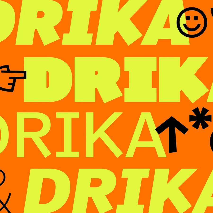 Drika typeface specimen showing bold overlapping letterforms in a dark editorial layout — Drika typeface
