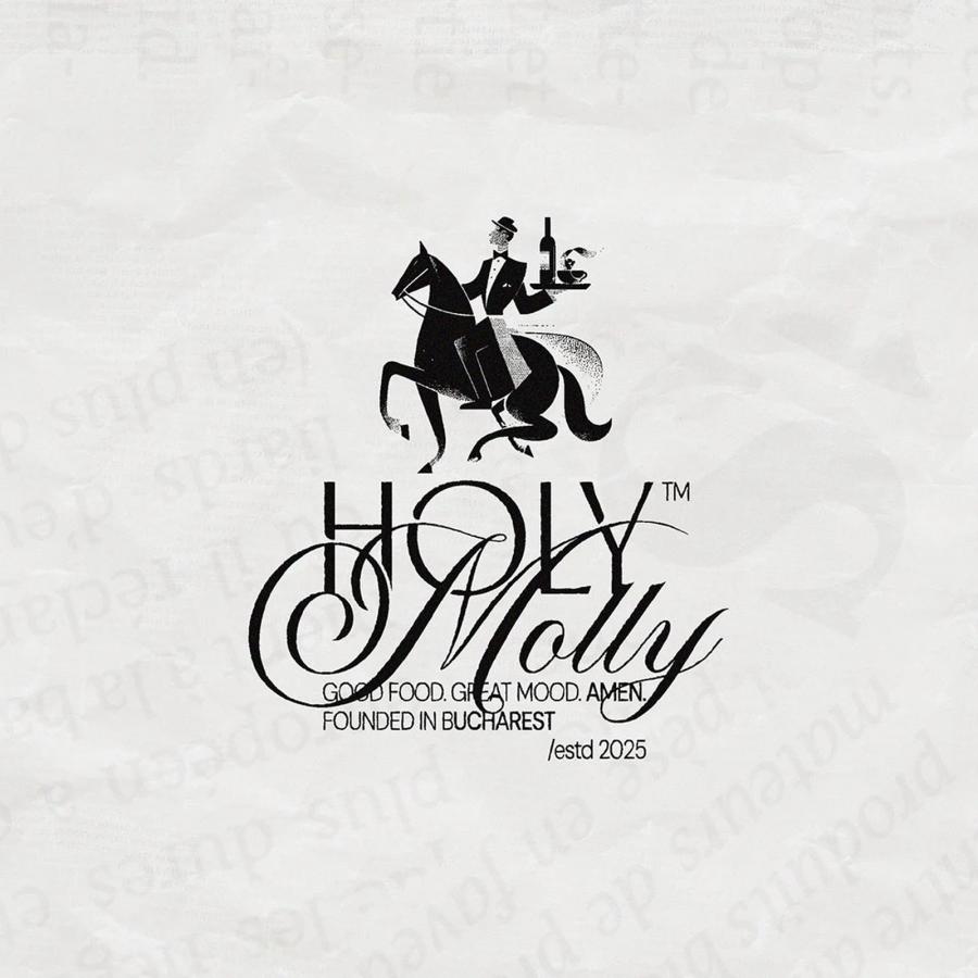 Holy Molly full logotype with horseback waiter mascot on crumpled cream paper — restaurant brand identity