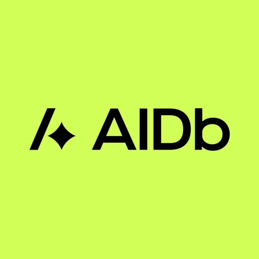 AIDb identity wordmark, slash-and-spark mark on bright green