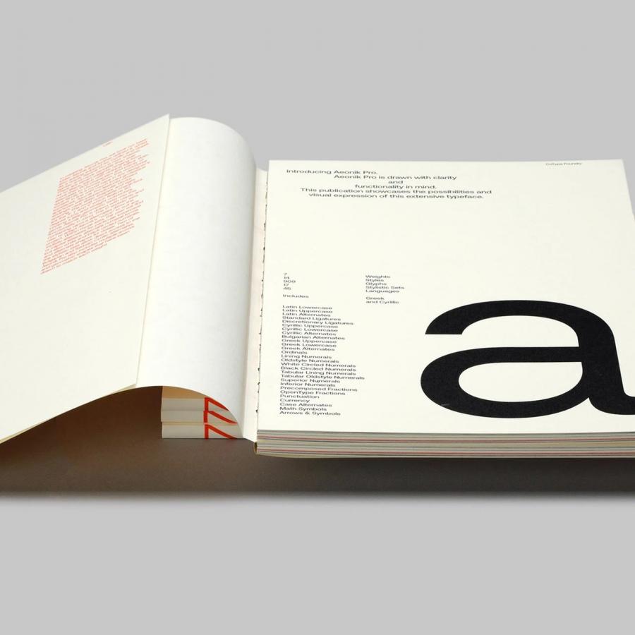 Aeonik Pro sans-serif variable font specimen book cover design showing bold typographic scaling