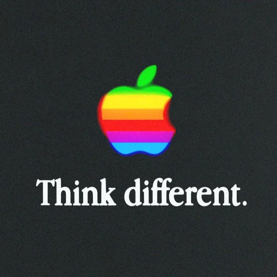 kinetic typography motion design Apple Think Different — dark charcoal grain composition with six-stripe Apple logo
