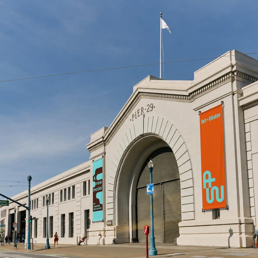 Art + Water brand identity design system Pier 29 architectural entrance and outdoor signage on San Francisco waterfront