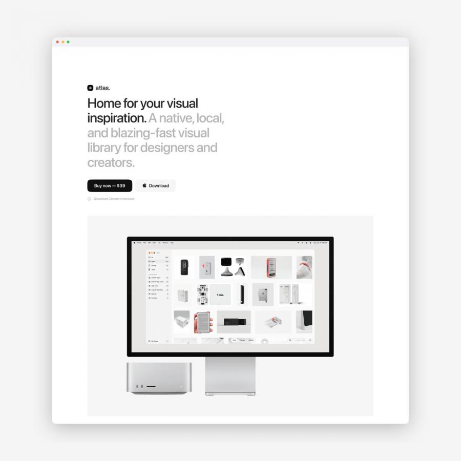Atlas for Mac web design hero with grotesque typography and Apple Studio Display setup