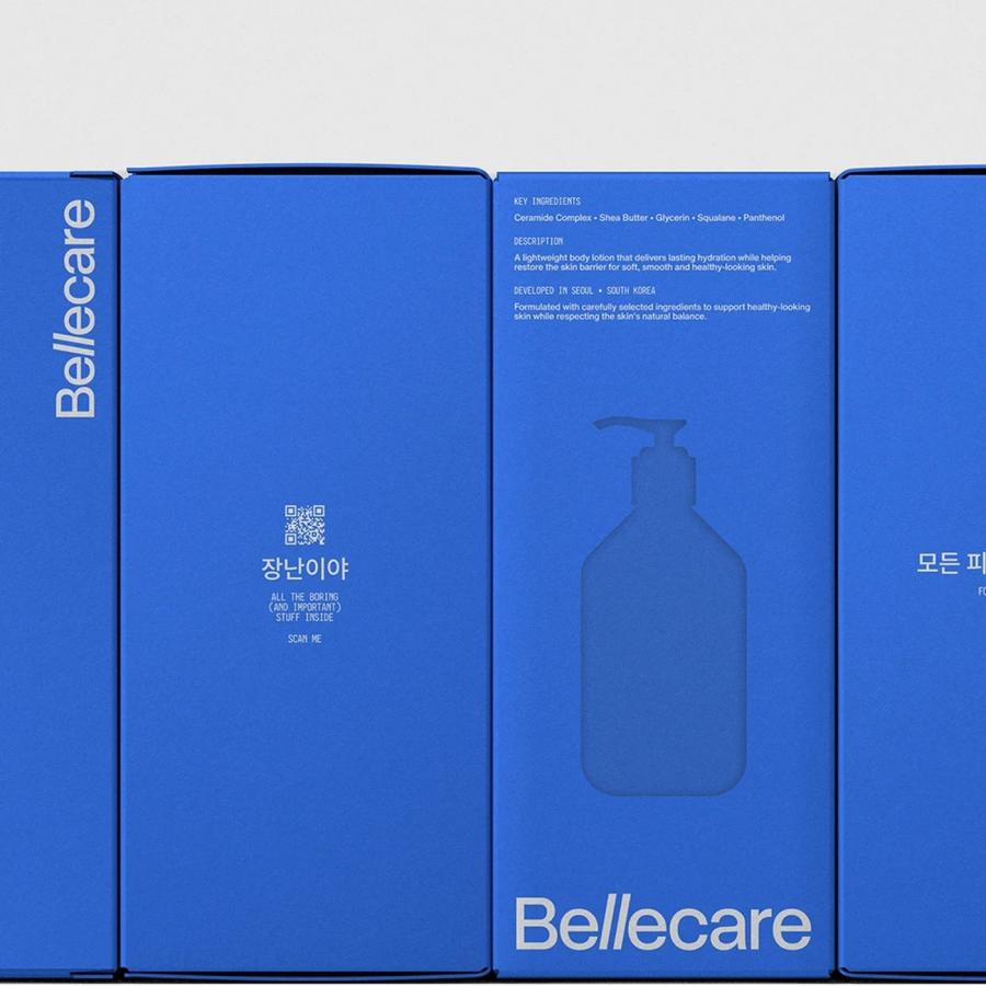 Bellecare brand identity master design system overview with logo wordmark, typography specimen, and packaging carton