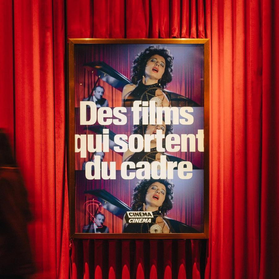 Master editorial design system and framed cinema poster lightbox on red velvet drapery for Cinéma Cinéma by Deux Huit Huit