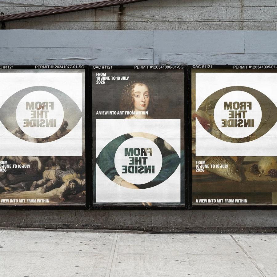 Visual identity exhibition triptych posters on construction fence hoardings for From The Inside