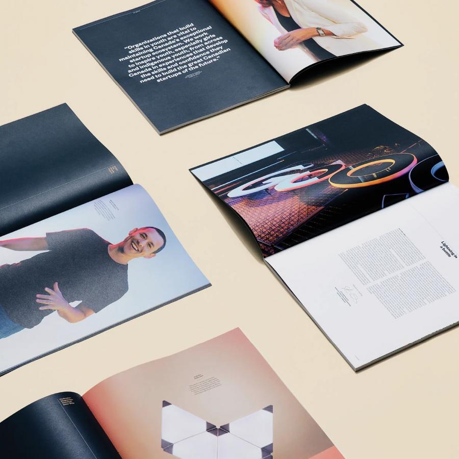 Flat-lay overview of open Google Go North spreads showing black chapter dividers and portraits — editorial design by Underline Studio