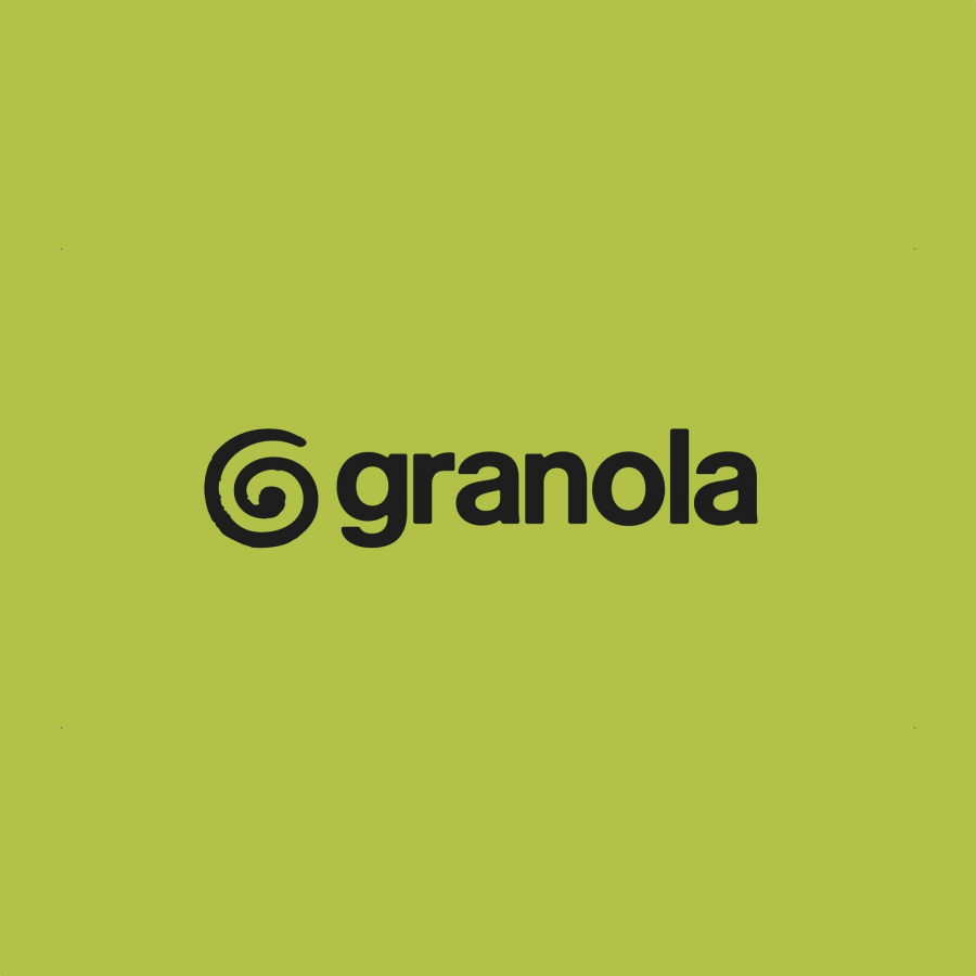 Granola logo lockup on acid lime background — hand-drawn spiral mark with Melange wordmark — brand identity design by Ragged Edge