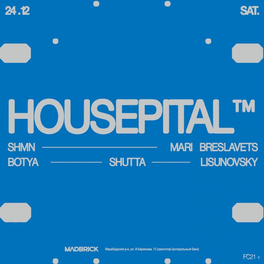 Housepital event branding poster with cobalt blue field and custom grotesque display typography