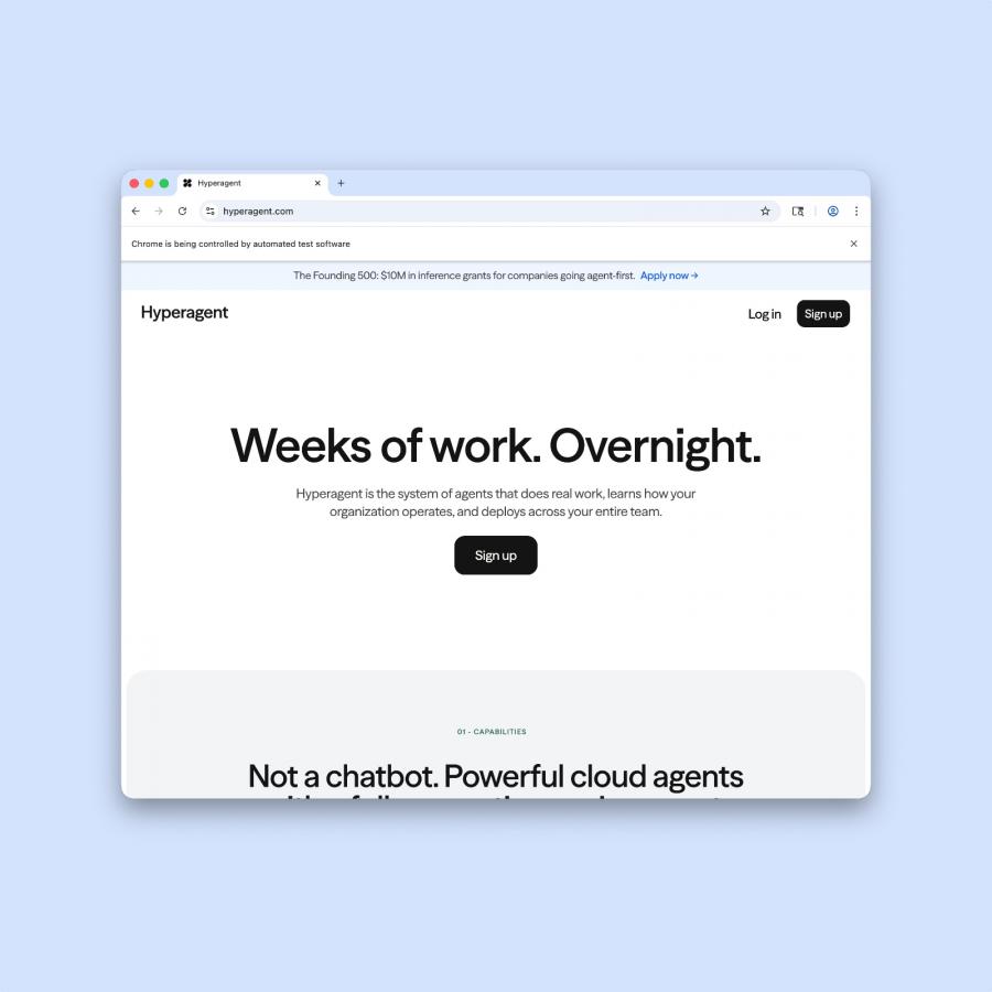 Hyperagent AI agent platform homepage: bold black headline 'Weeks of work. Overnight.' on white background with centered task input field and real work output example cards below