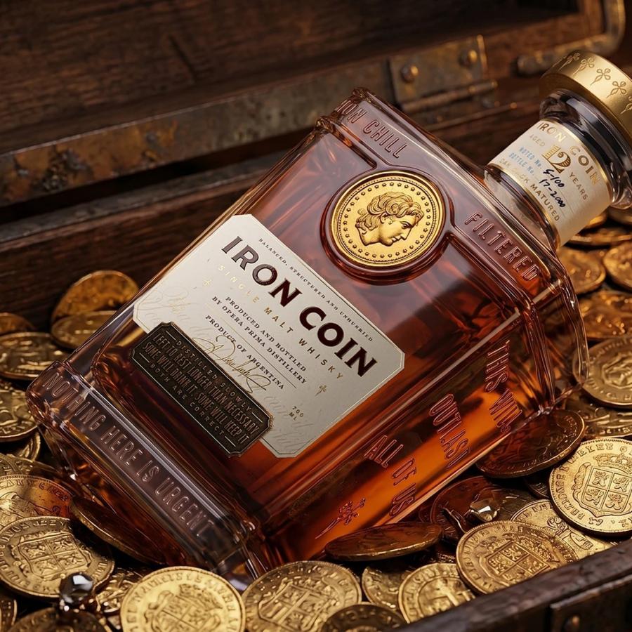 Faceted flint glass bottle and brand mark of Iron Coin Whisky with custom typography, coin medallion, and embossed mottos — packaging design by Opera Prima