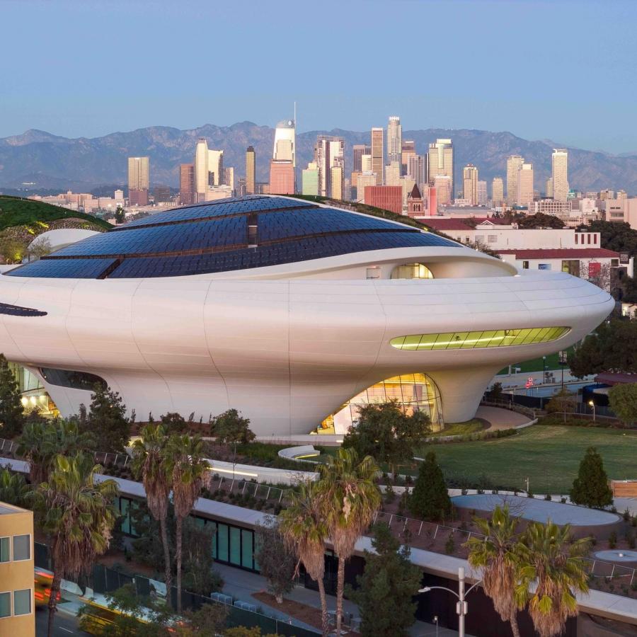 Sweeping exterior elevation of the Lucas Museum of Narrative Art by MAD Architects in Exposition Park