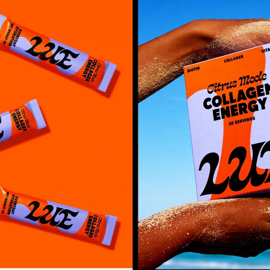 LUE collagen supplement packaging design showing warm coral color fields and clean sans-serif type on supplement container