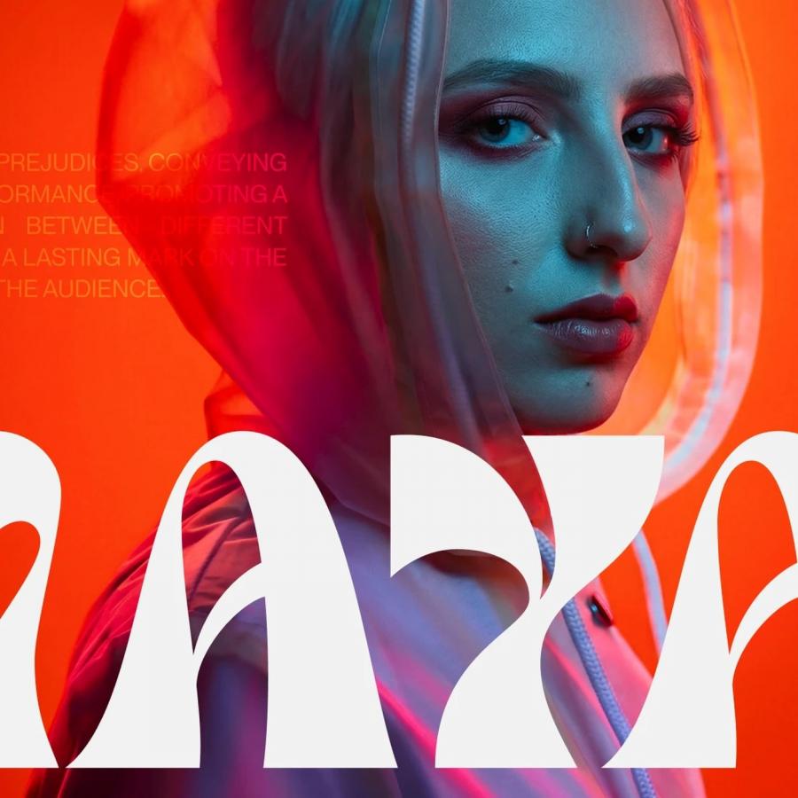 music artist brand identity design for Clara Maya — MAYA wordmark over orange-lit DJ portrait