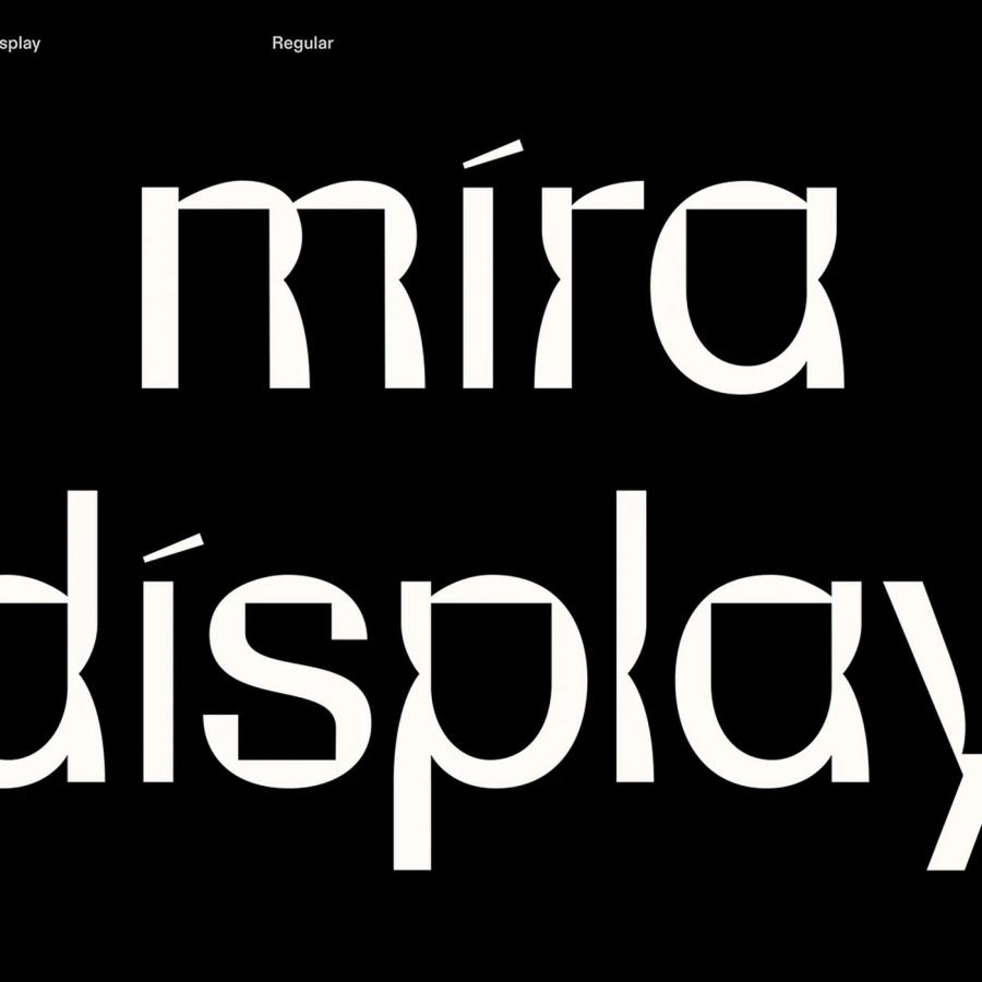 Typography design specimen sheet displaying character set and optical cuts for Mira Display
