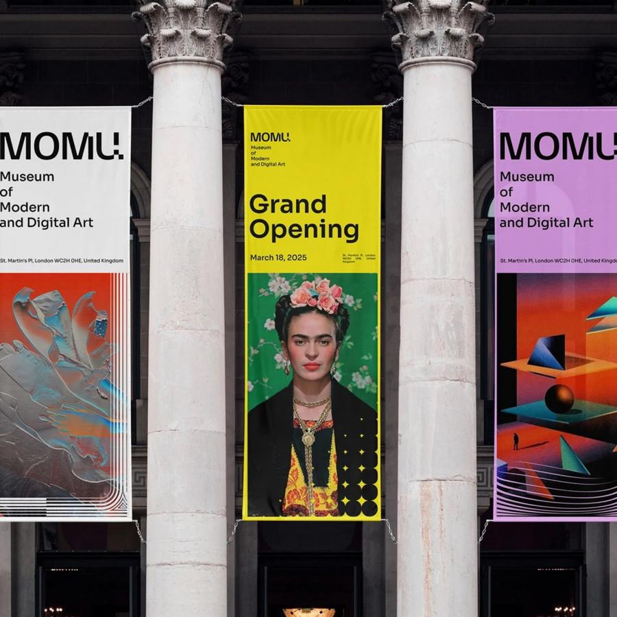 Physical banner applications showcasing the museum brand identity design.