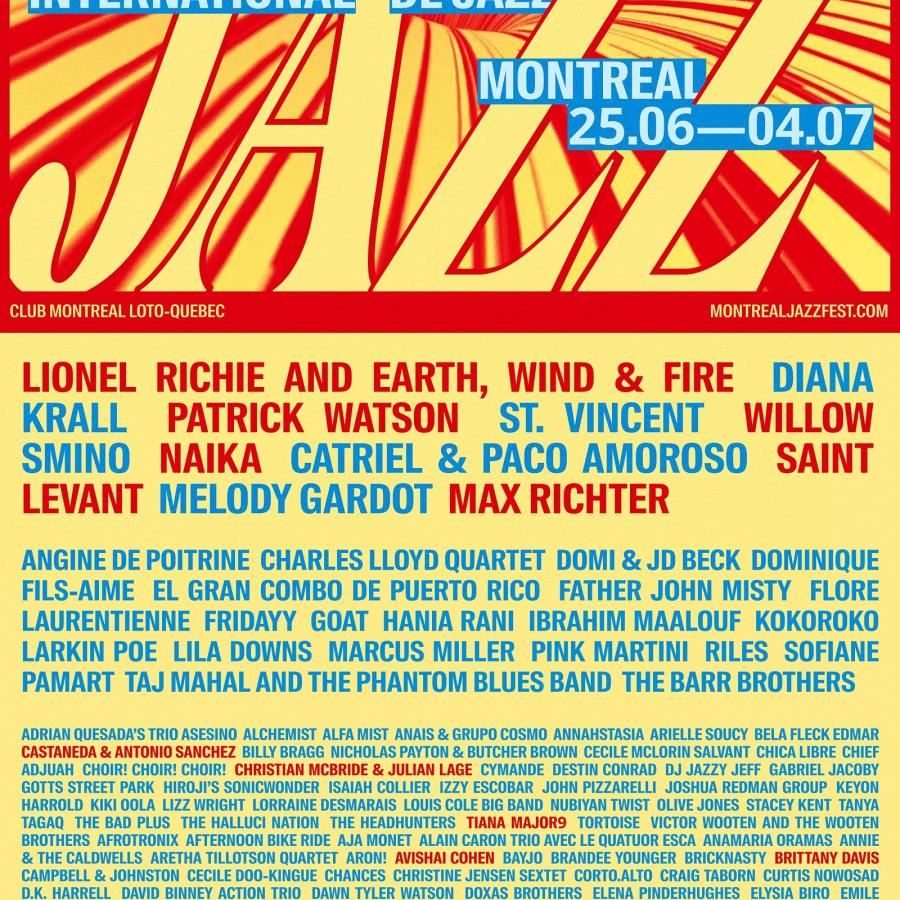 Full lineup poster typography in Montreal Jazz Festival visual identity
