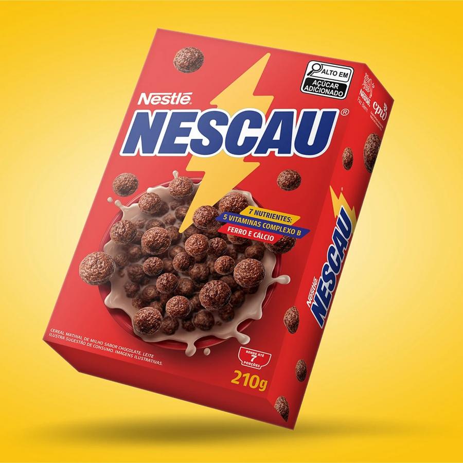 Front of Nescau 210g chocolate cereal box featuring the updated logotype and nutrient ribbons — type design by Plau Design