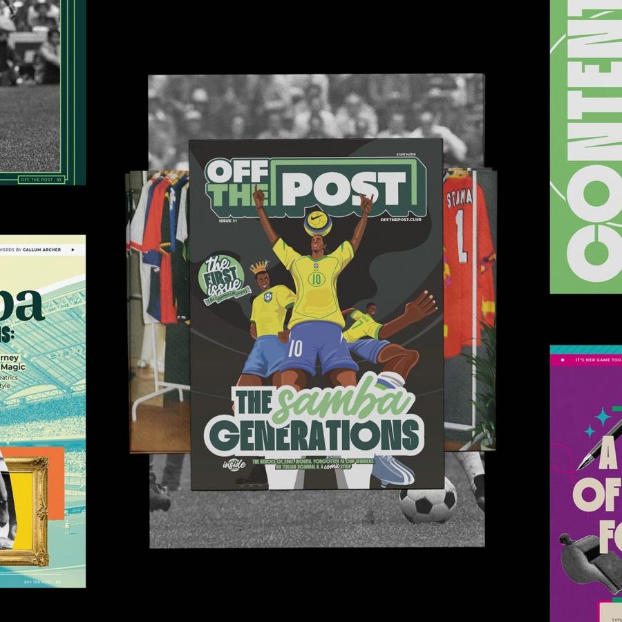 Cover of Off The Post magazine Issue 01 featuring primary brand logotype, wordmark typography, The Samba Generations illustration, and editorial design spreads