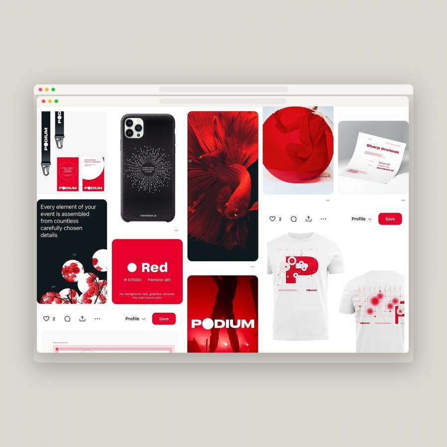 Podium brand identity guidelines showing Pantone 185 red swatch, Sharp Grotesk typography specimen, lanyards, and radial P monogram t-shirts