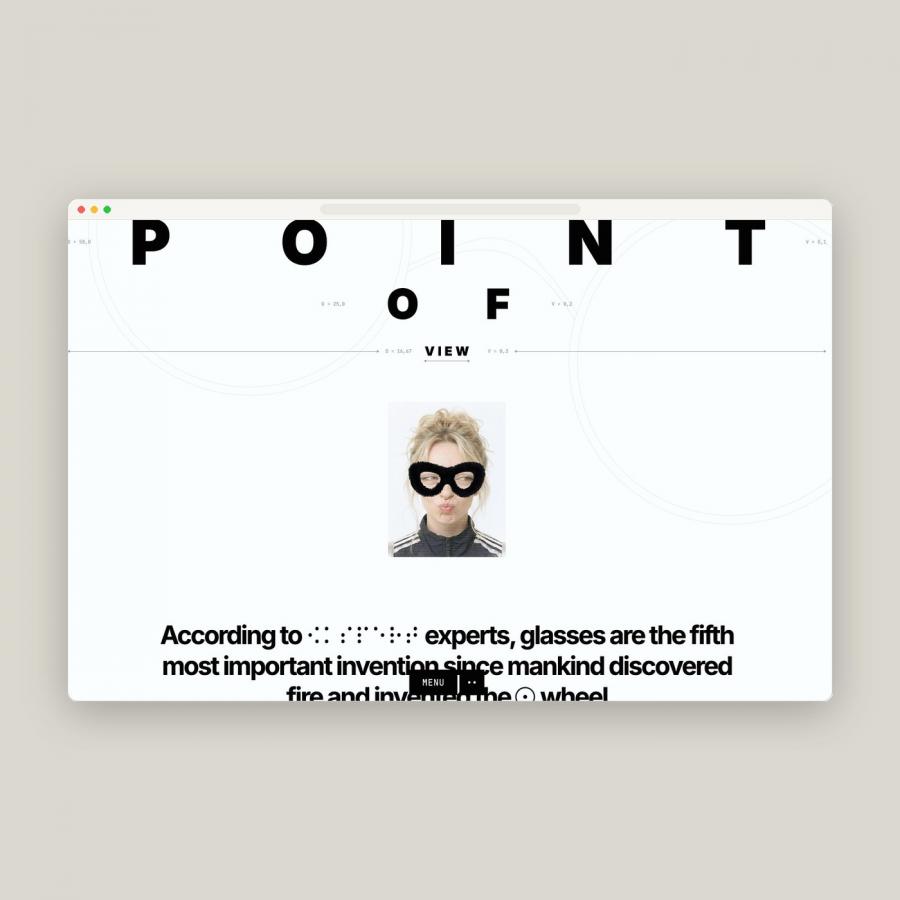 Point of View web design hero showcasing diopter scale typography and experimental eyewear inside browser frame