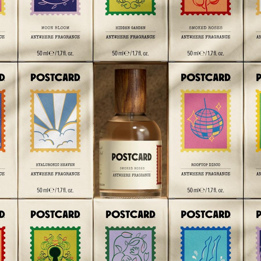 Postcard Anywhere Fragrance packaging design system overview grid with logotype wordmark, typography specimen, and wood-capped glass bottle — packaging design by Robot Food