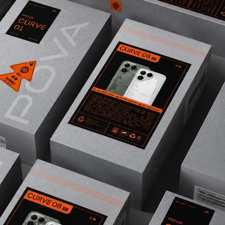 POVA brand identity packaging boxes with blind debossed logos and modular orange hazard stickers