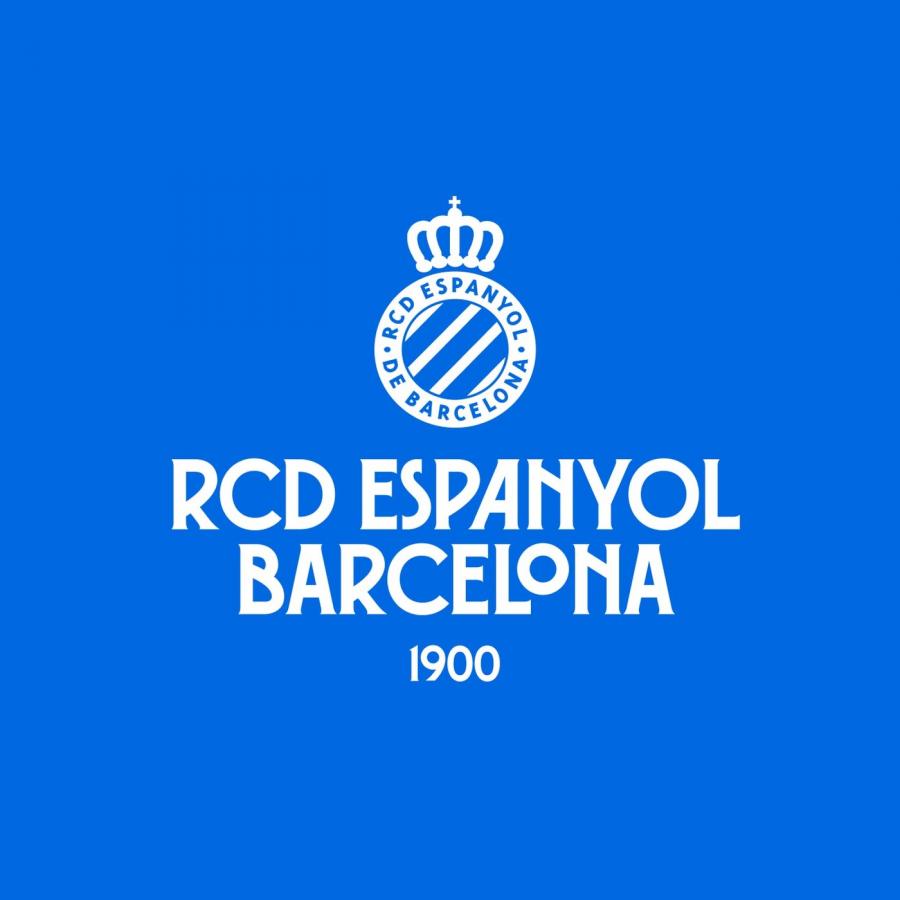 Centered RCD Espanyol de Barcelona club crest and custom Perico Type modernist wordmark brand identity on electric blue