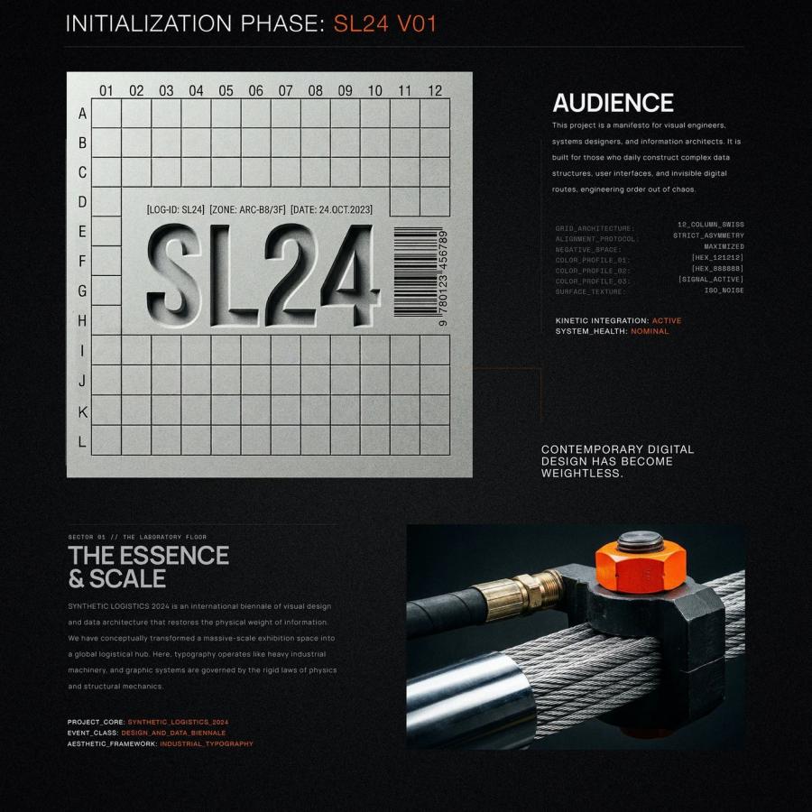 SL24 brutalist typography manifesto poster with Swiss grid and steel macro detail by Kseniya Artman