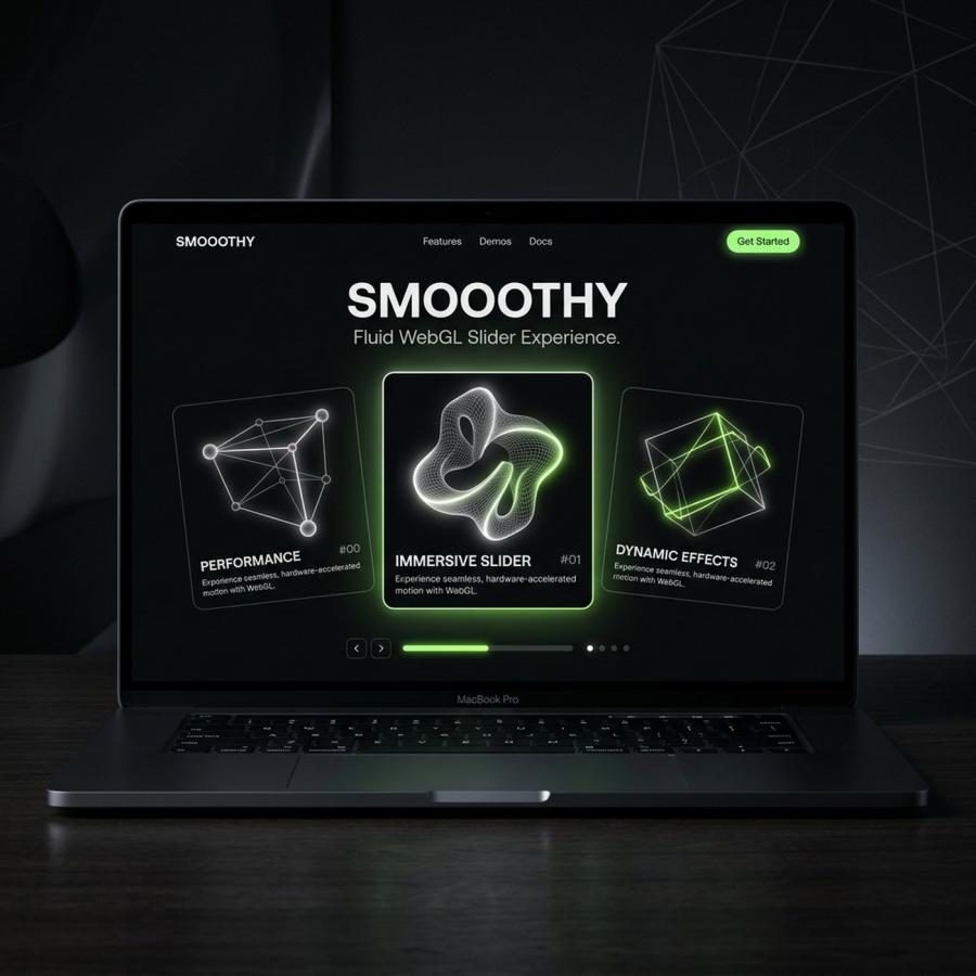 Smooothy slider main WebGL interactive interface mockup in dark mode showing smooth 3D shape — graphic design by Federico Valla