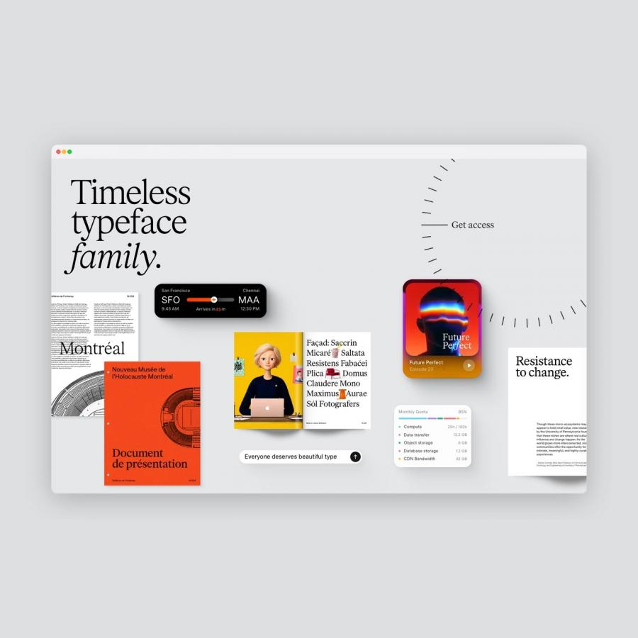 Timeless Type web design interactive circular dial and digital interface card widgets
