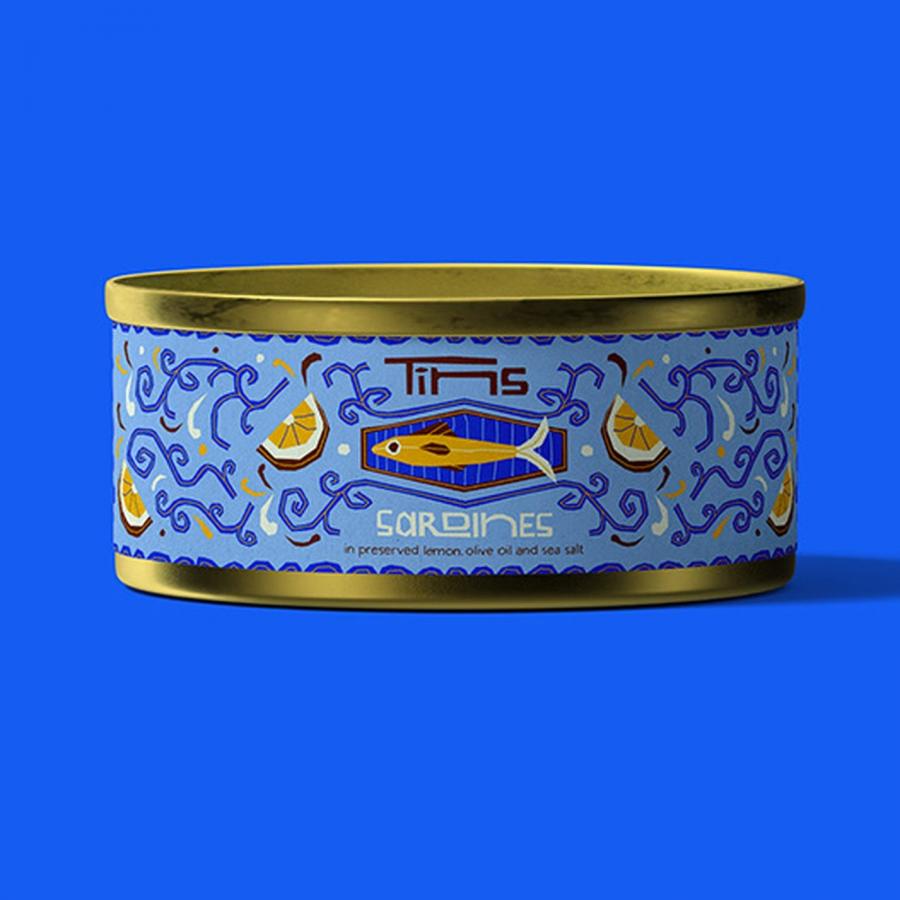 Sardine tin can packaging design on royal blue with fresh lemons by Deoné Rabé